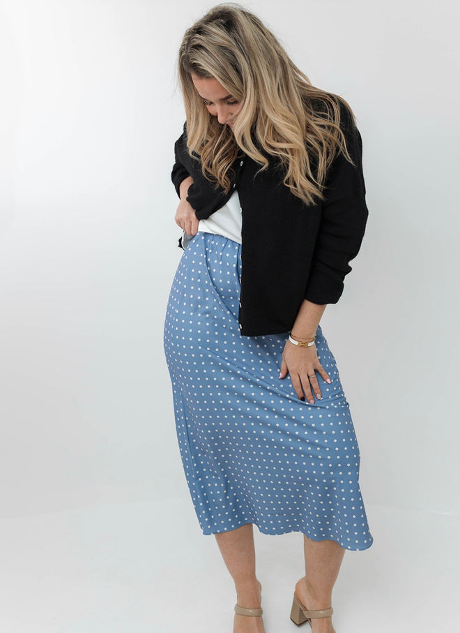 Blue Polka Dot Satin Skirt