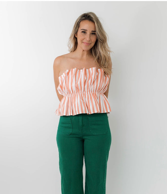 Coral Striped Shirred Top