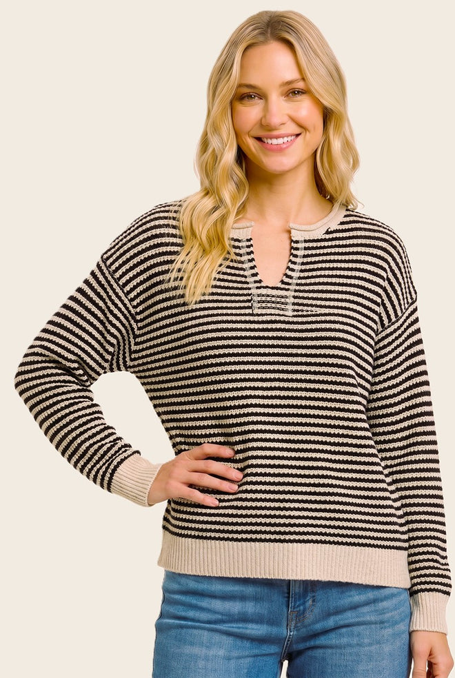 Split Neck Pinstripe Sweater