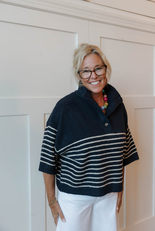 Striped Mock Neck Button Top