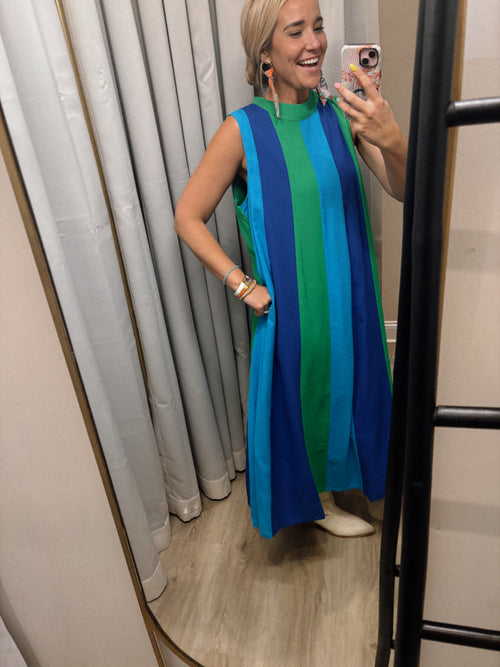 Blue Colorblock Sleeveless Midi Dress