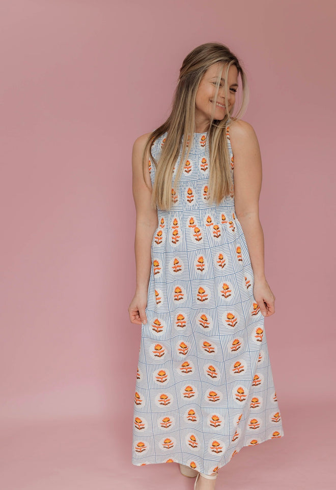 Sleevless Smock Block Print Midi Dress