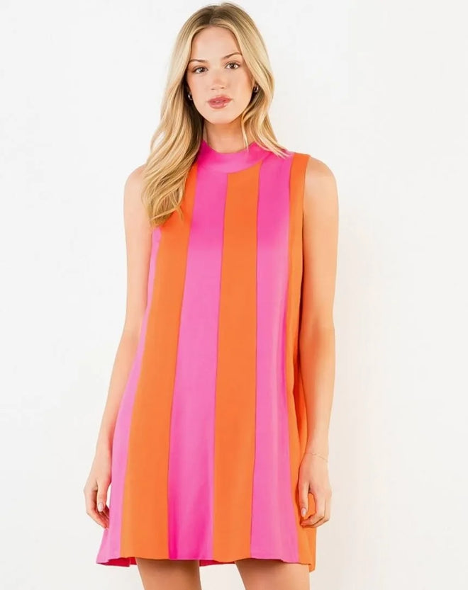 Pink Sleeveless Color Block Mini Dress
