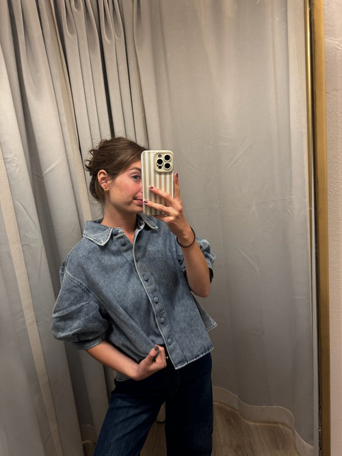 Denim Button Puff Sleeve Top