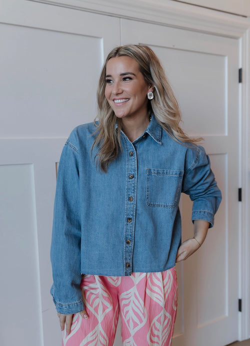 Raw Edge Button-Front Denim Shirt