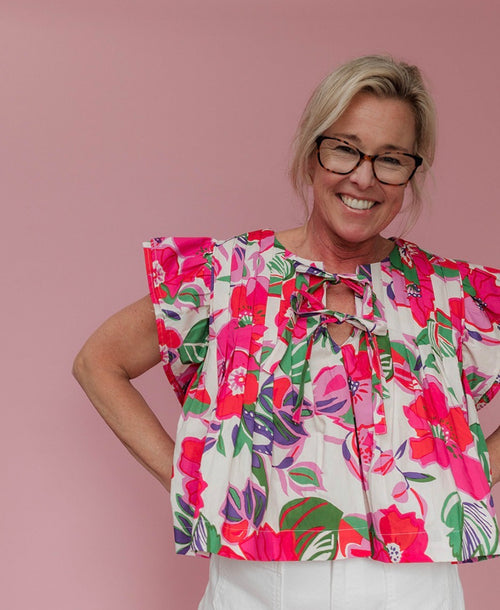 Floral Bow Pintuck Top