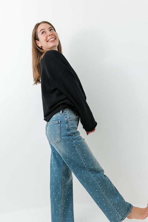 High Rise Straight Leg Rhinestone Jeans