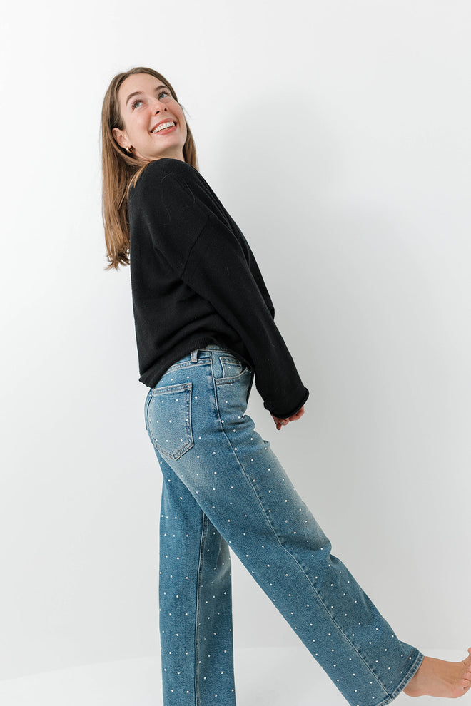 High Rise Straight Leg Rhinestone Jeans