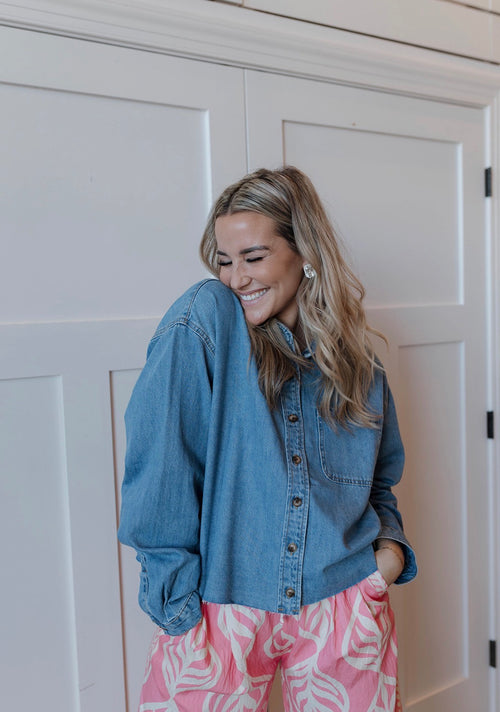 Raw Edge Button-Front Denim Shirt