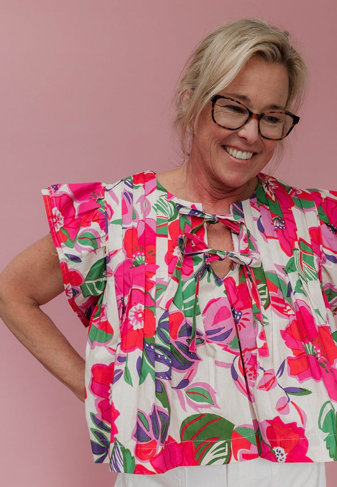 Floral Bow Pintuck Top