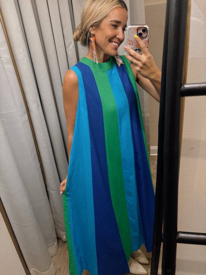 Blue Colorblock Sleeveless Midi Dress