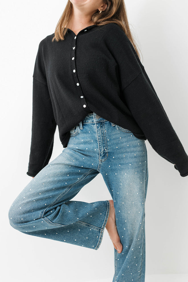 High Rise Straight Leg Rhinestone Jeans