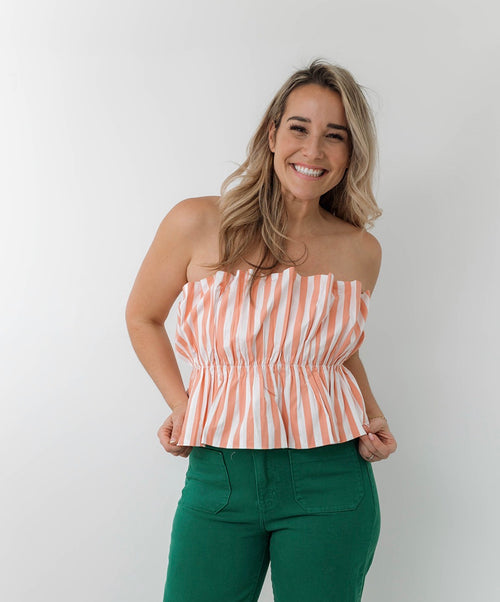 Coral Striped Shirred Top