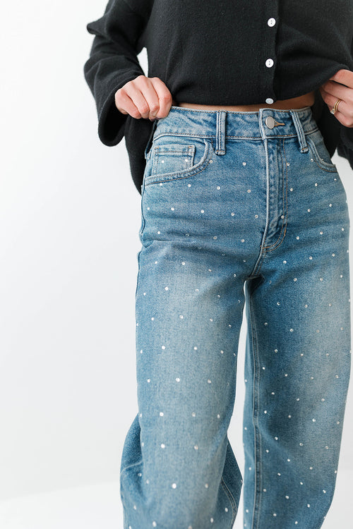 High Rise Straight Leg Rhinestone Jeans
