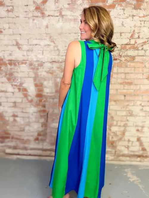 Blue Colorblock Sleeveless Midi Dress