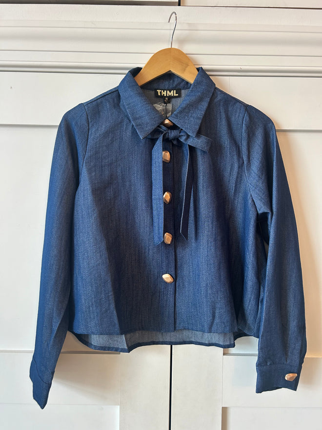 Long Sleeve Denim Tie Top