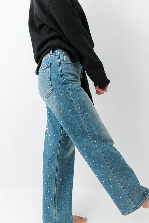 High Rise Straight Leg Rhinestone Jeans