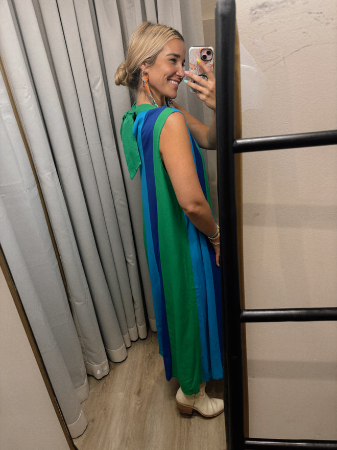Blue Colorblock Sleeveless Midi Dress