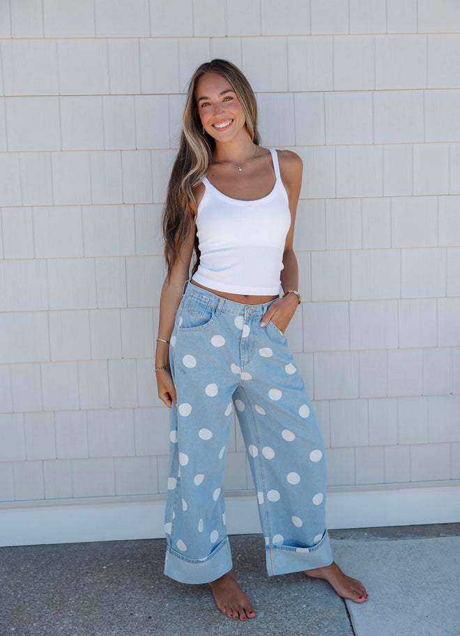 Rolled Polka Dot Denim Barrel Pants