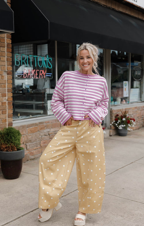 Striped Button Up Curly Hem Cardigan