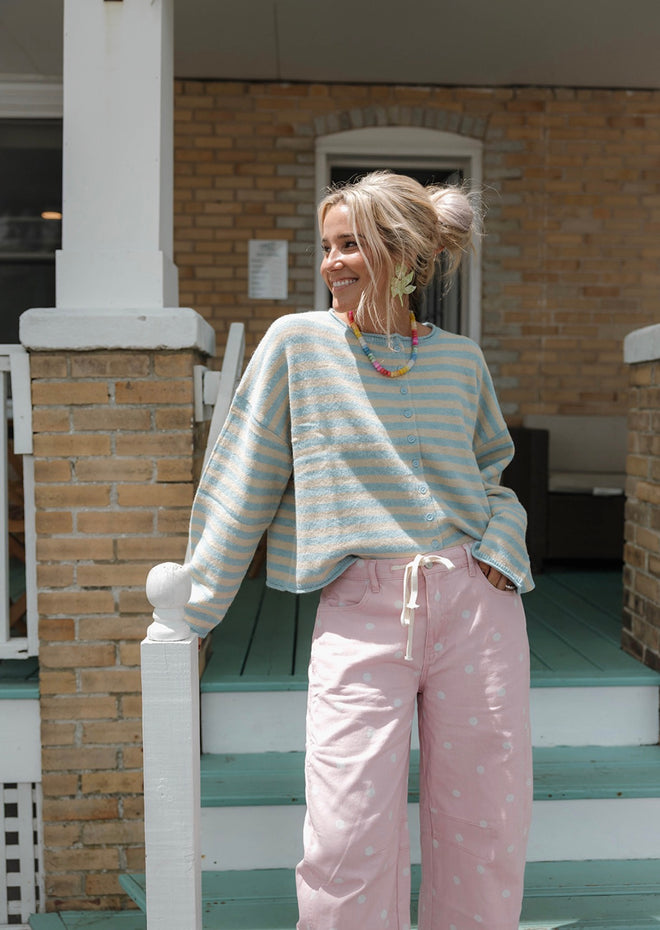 Striped Button Up Curly Hem Cardigan