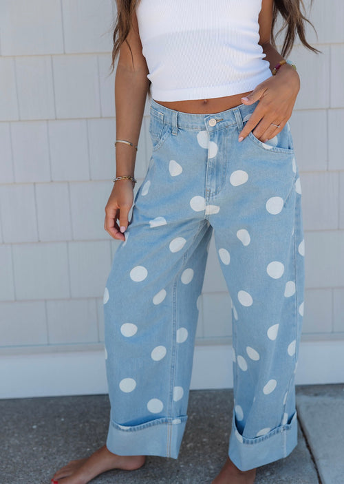 Rolled Polka Dot Denim Barrel Pants