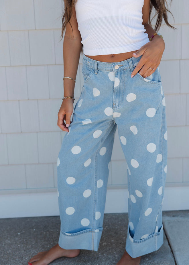 Rolled Polka Dot Denim Barrel Pants