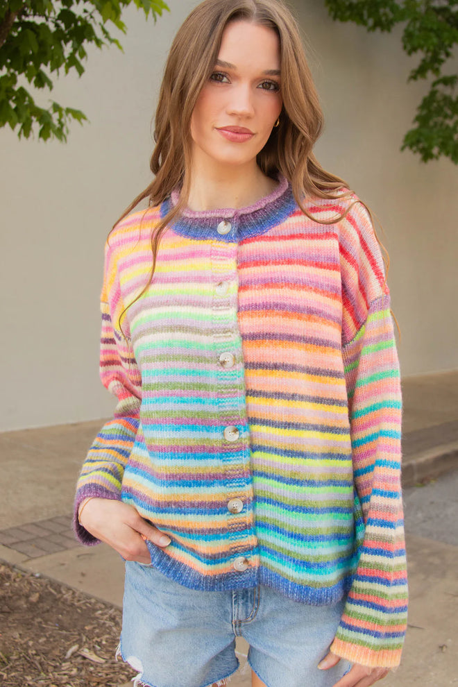 Rainbow Button-up Knit Sweater Cardigan