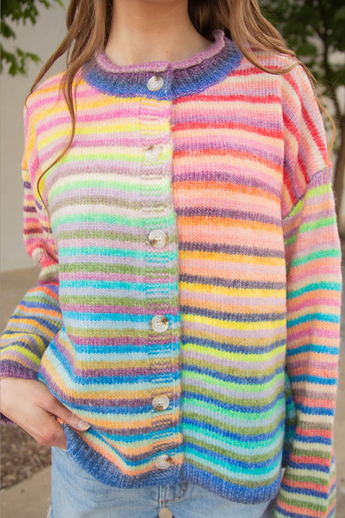 Rainbow Button-up Knit Sweater Cardigan