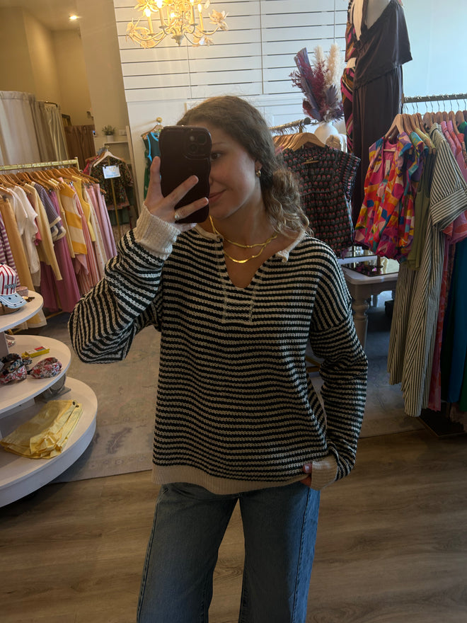 Split Neck Pinstripe Sweater