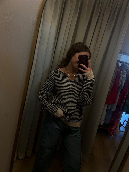 Split Neck Pinstripe Sweater