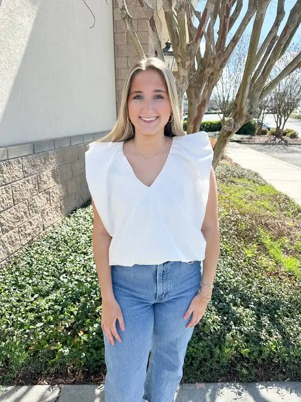 Solid Poplin V Neck Bubble Top