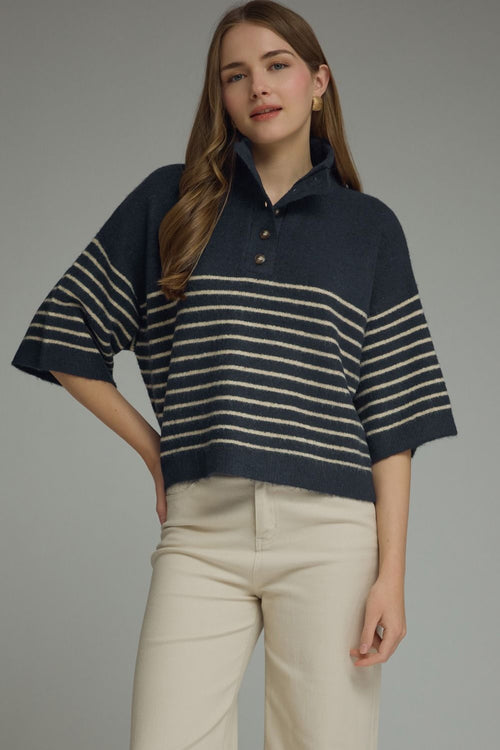 Striped Mock Neck Button Top
