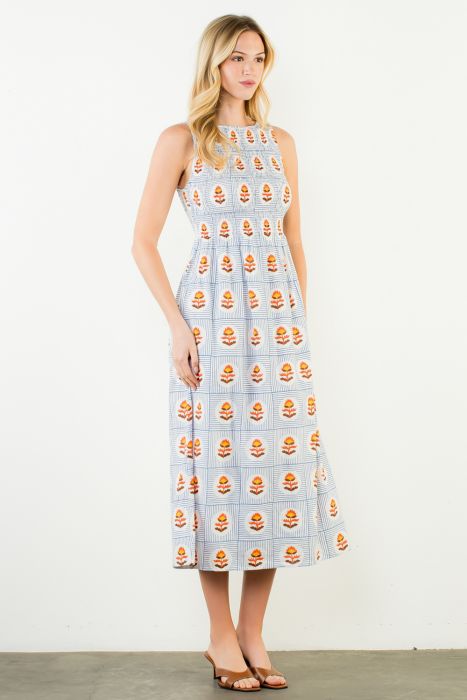 Sleevless Smock Block Print Midi Dress